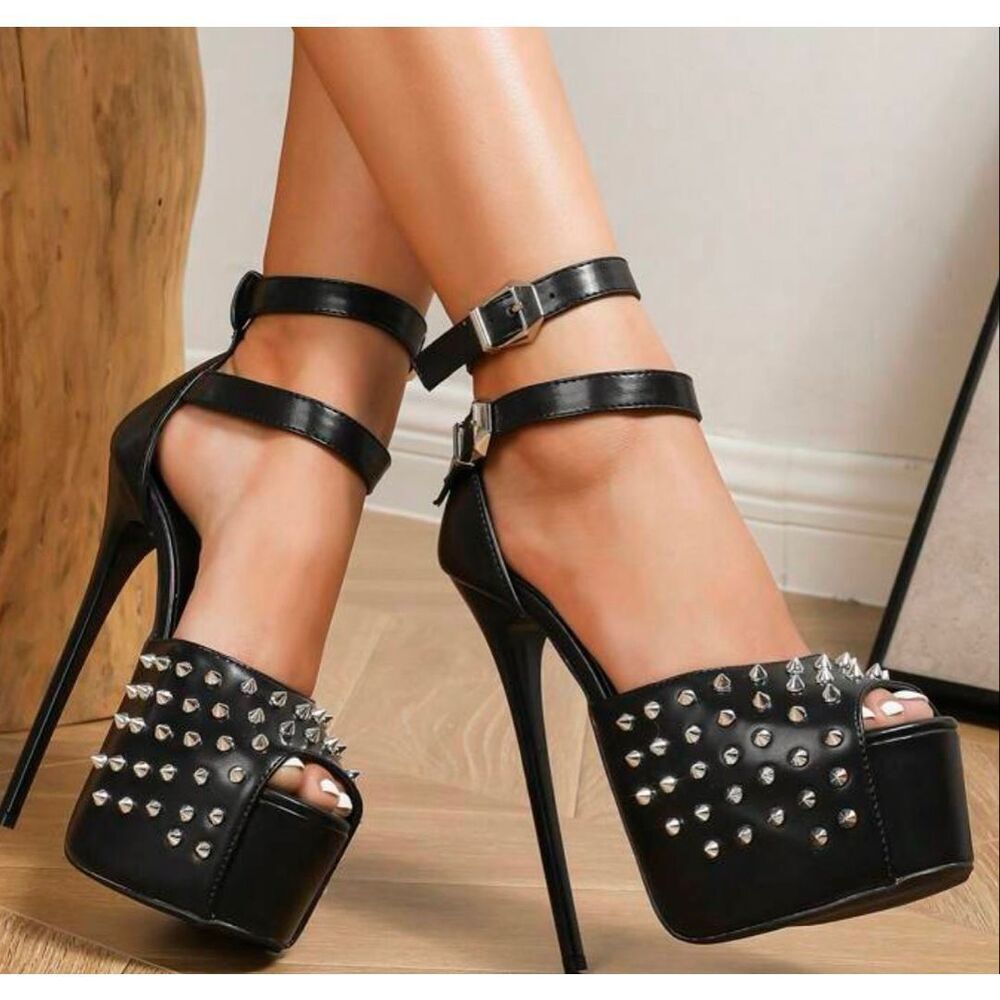 Decorated Peep Toe Waterproof Platform Stiletto Women's Fashion goth size 10.5 o
